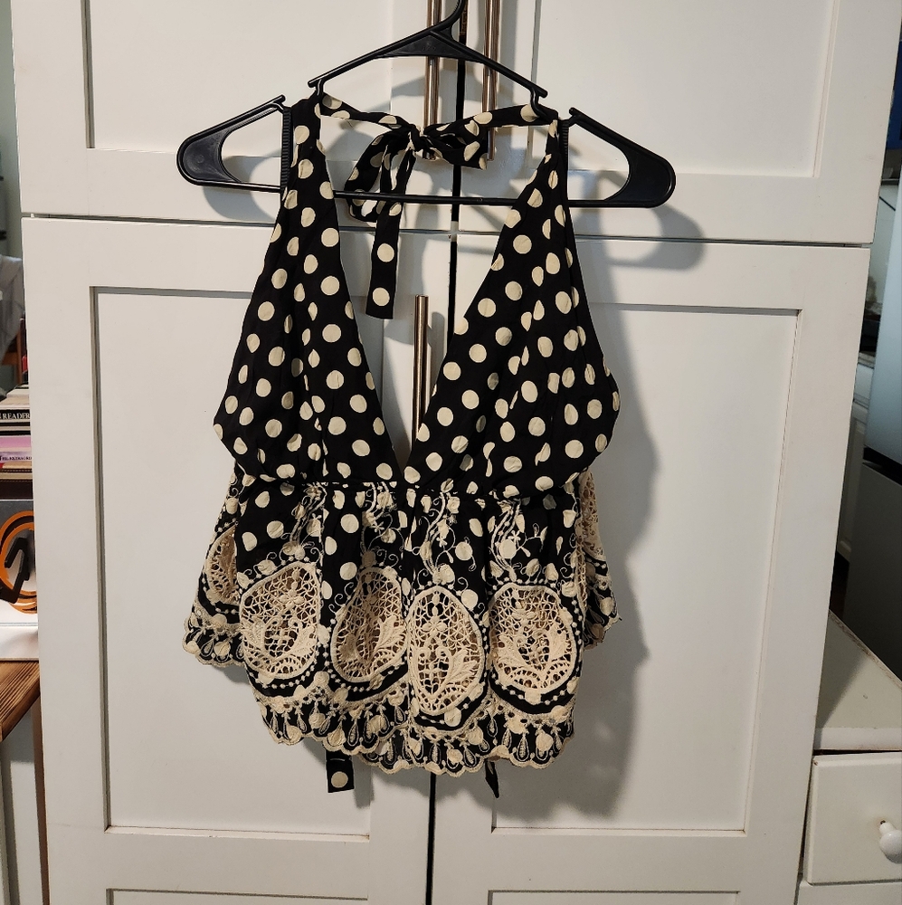 Free People Black Combo Halter Top Polka Dot SzM